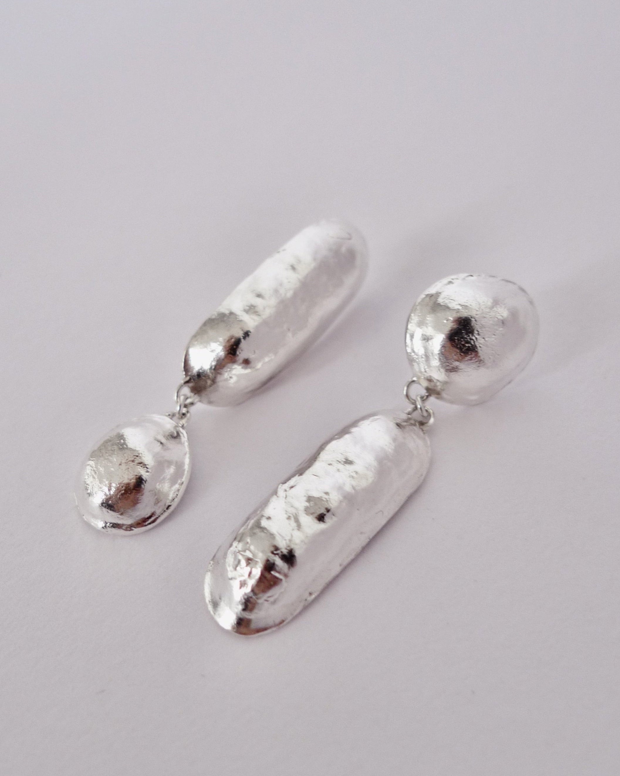 sterling silver puffed earrings dangle handmade hammered organic textured stud earrings Exclamation Mark & Vice Versa shapes. mix and match VERY flattering.