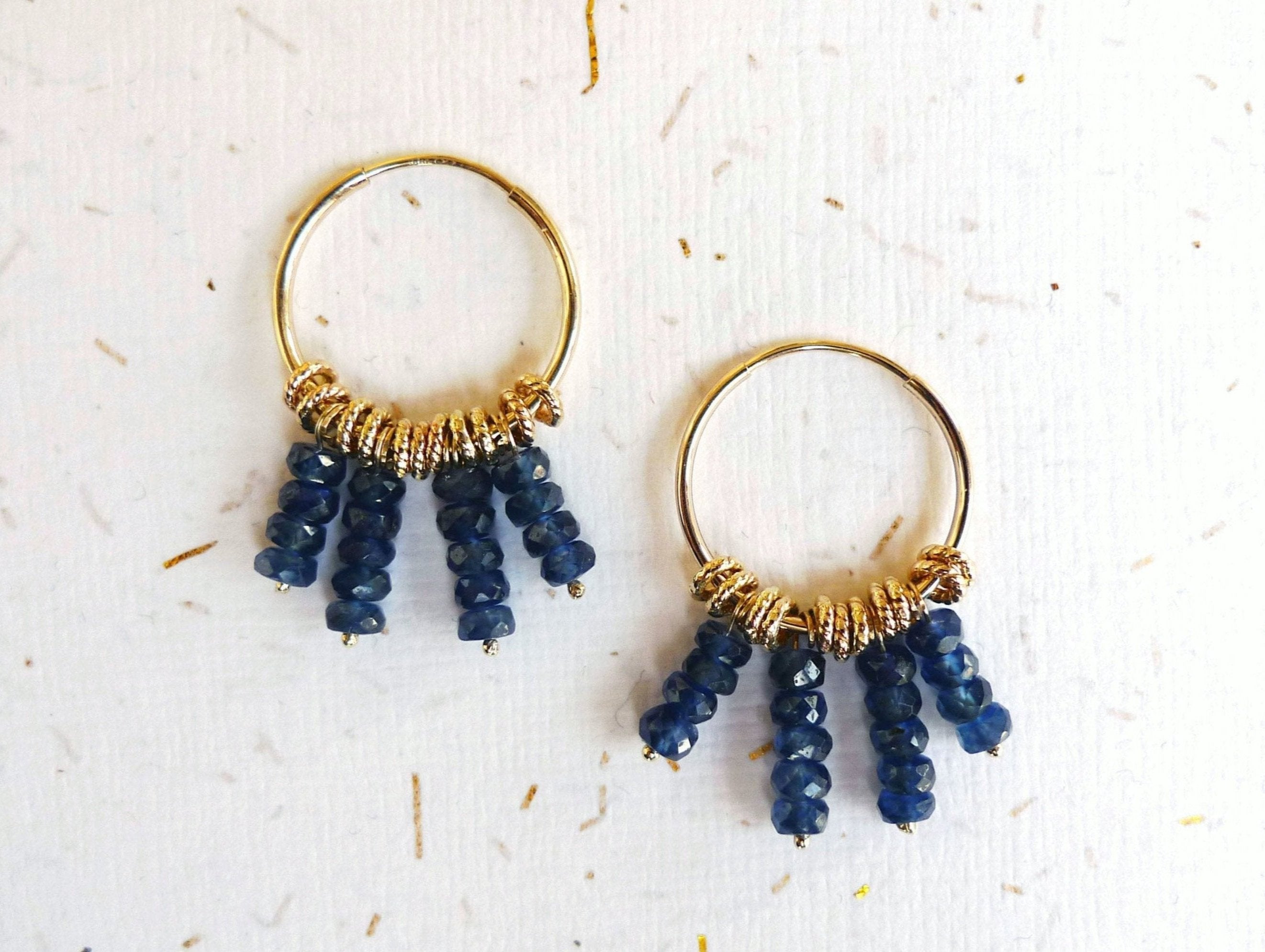 gold hoop dangle sapphire earrings