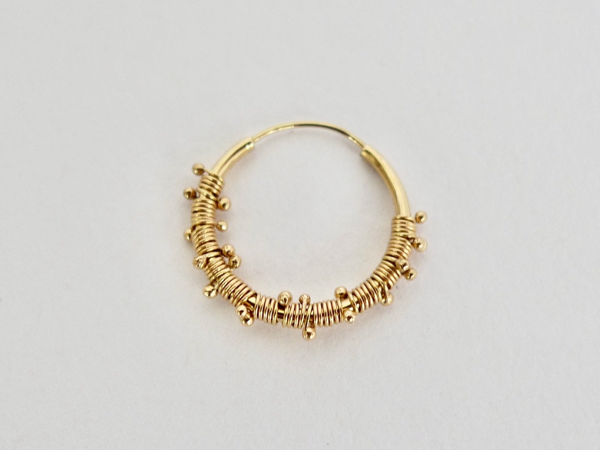 joy hoop earring 14k solid gold handmade dewdrops elements coiled dainty wrap vintage style unique earring