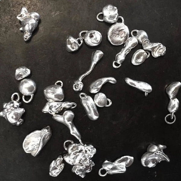 molten silver charms handmade amorphous shapes organic mercury style shiny sterling fine silver