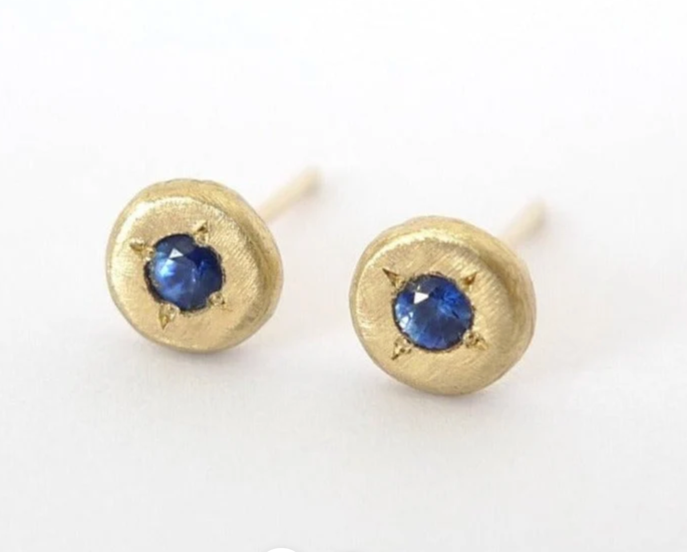 14K RECYCLED GOLD BLUE SAPPHIRE STUD EARRINGS ORGANIC ROUND SAPPHIRE DOTS EVIL EYE PROTECTION GOOD LUCK BLUE EYE EARRINGS RUSTIC SOLID GOLD ROUND UNISEX STUDS