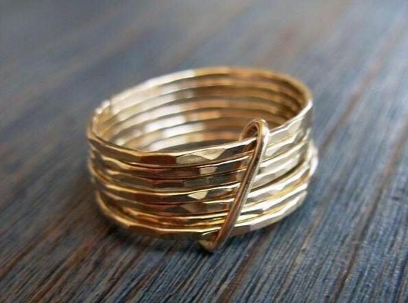 14K YELLOW SOLID GOLD HAMMERED STACKED WITH A LOOP MULTI BANDS RING RECYCLED STATEMENT WIDE CHUNKY GOLD WEDDING OR ANNIVERSARY BAND