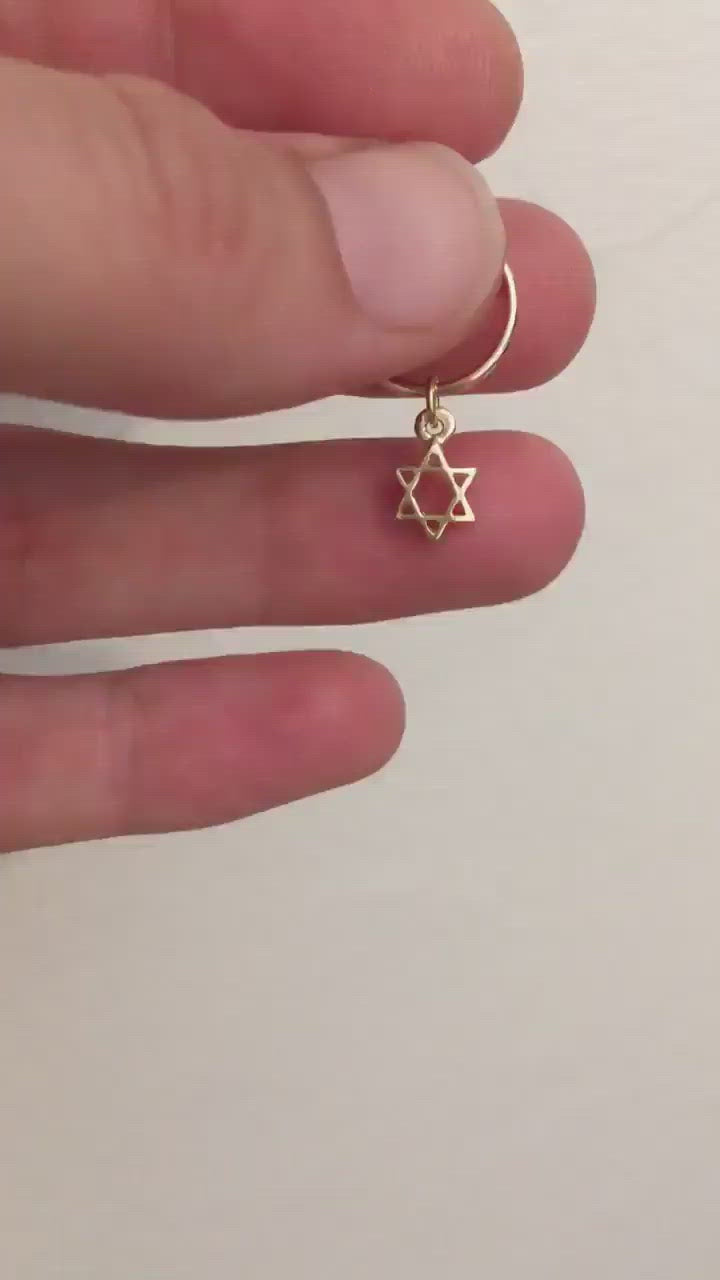 star of david 14k solid gold earring dangle hoop alternative smart Jewish talisman symbol good luck protection magen david unisex men women