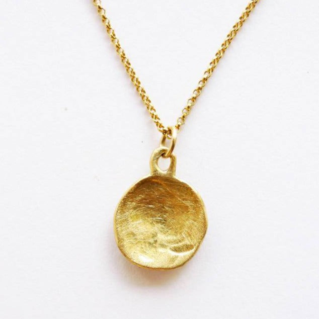 rustic textured concaved round plate 18k recycled gold handmade non symmetrical vintage style disc charm pendant necklace