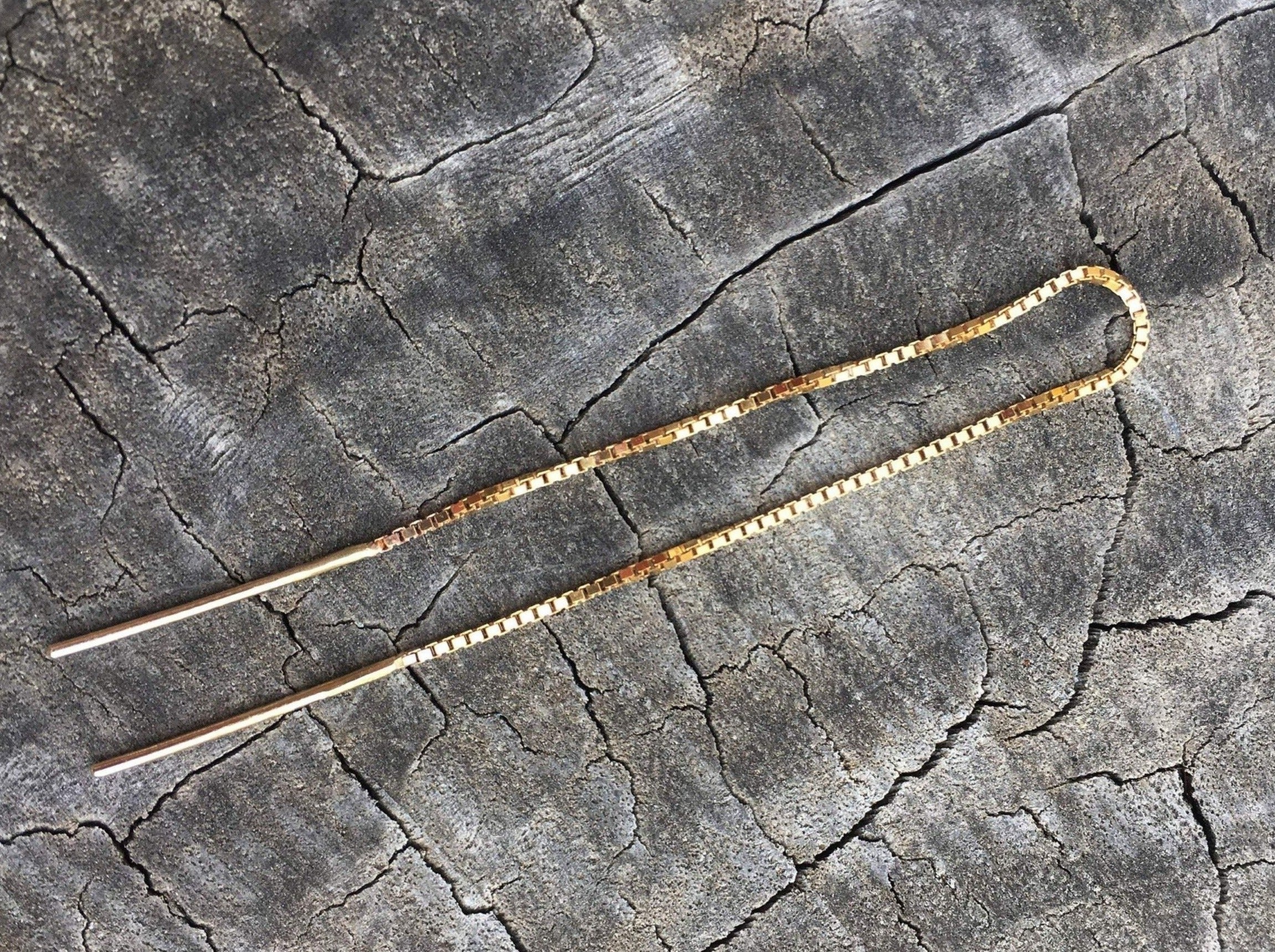 handmade gold ear threader easily slides thin dainty shiny sparkle box chain earring pass through 14k solid gold dangle long