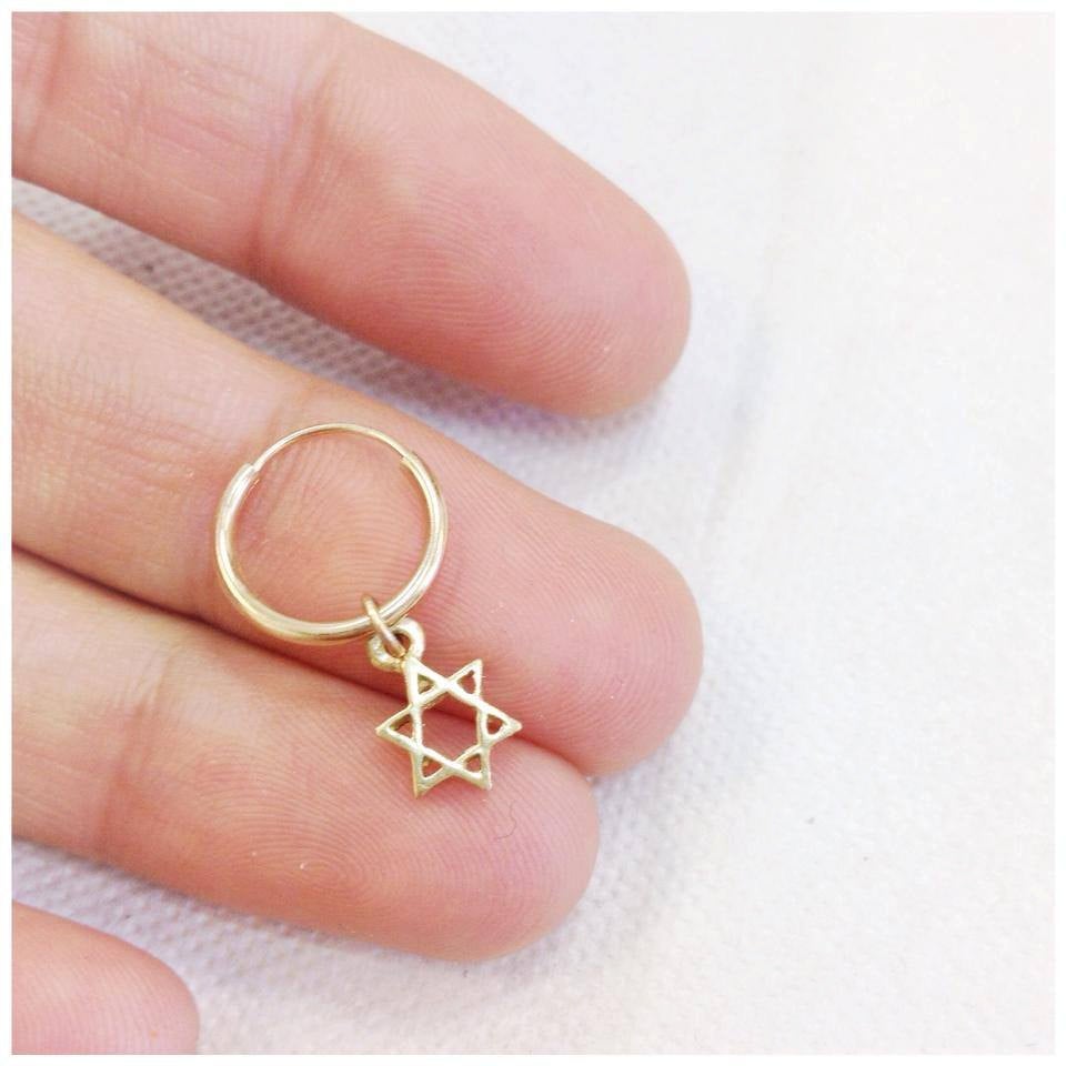 dangle star of david charm endless earring 14 karat gold hoop with hanged david shield element