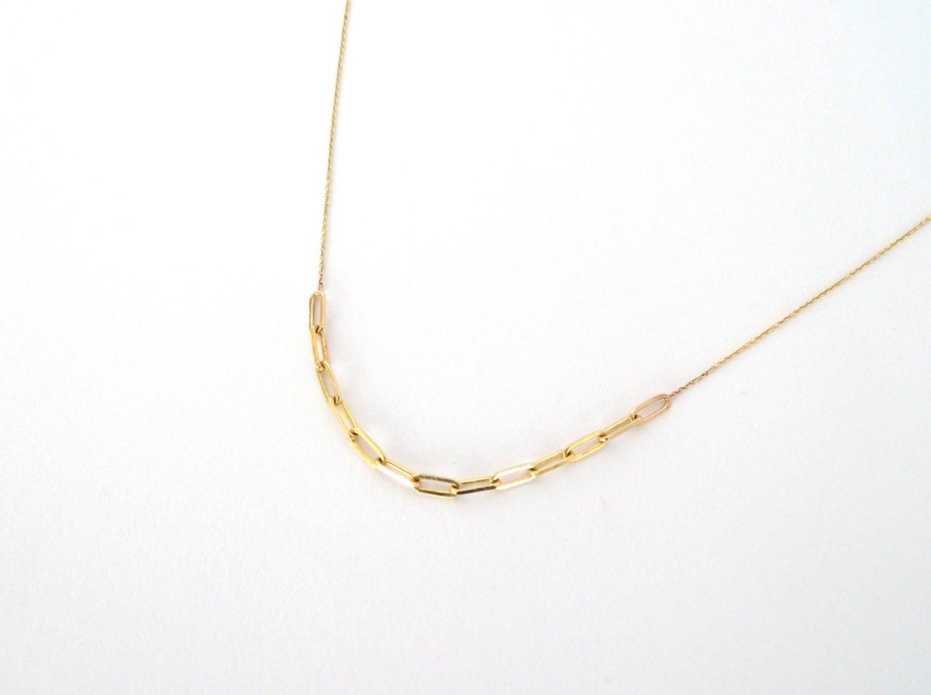 dual style chains asymmetrical balance necklace made of larger links chain soldered to skinny links chain. handmade 14 karat solid gold