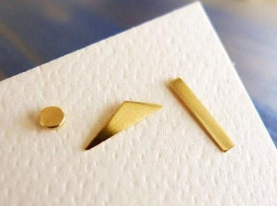 Handmade earrings line dot circle triangle flat recycled 14 karat gold dada bauhaus studs