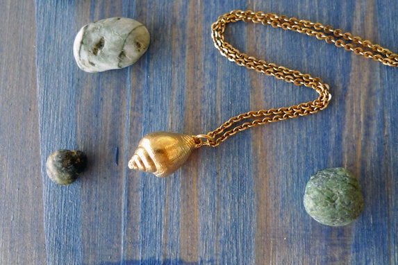 Fine jewelry solid gold heavy full 14 karat seashell conch tulip shell pendant charm necklace. beach lover gift idea anniversary recycled gold handmade.