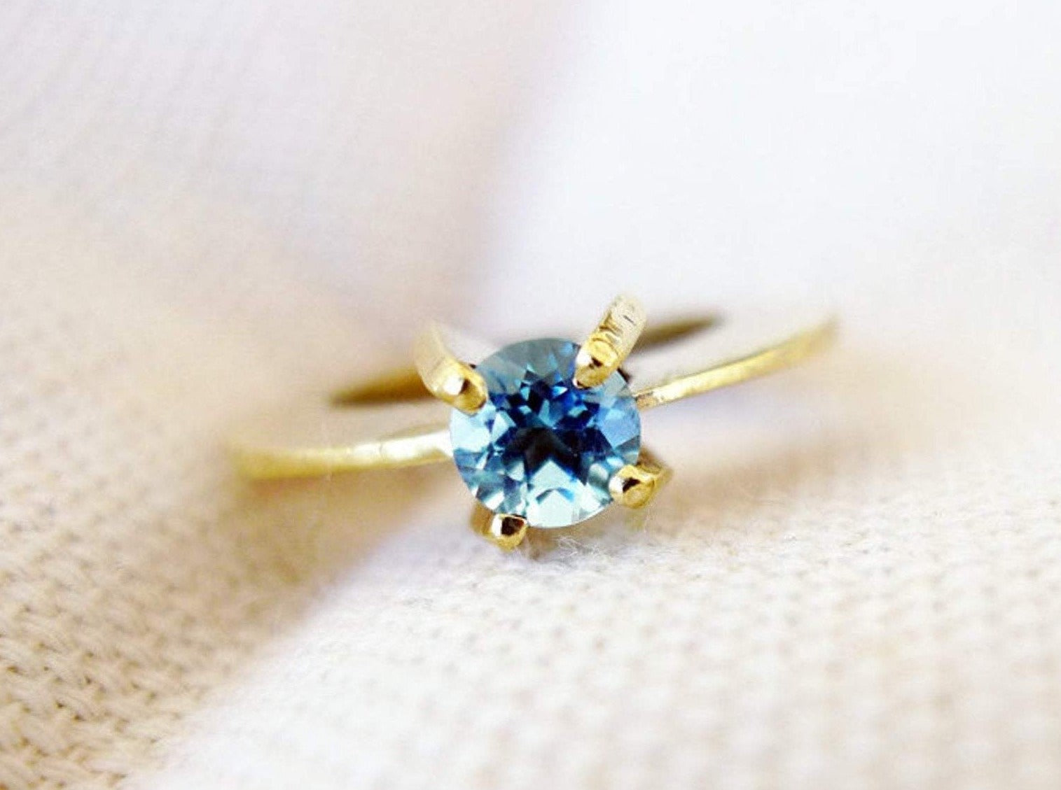 unique statement solitaire 14k or 18k recycled gold ring blue topaz or green tourmaline large bold modern brilliant cut center stone