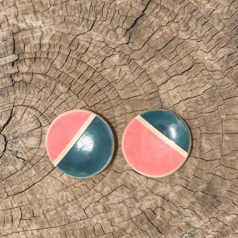 handmade ceramic bowls dishes for jewelry soap wedding rings salt and pepper small plates from clay mix and match unique design asymmetrical color block pair pink and teal