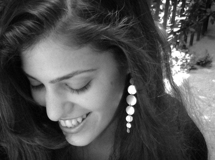 long dangle stud party 925 silver recycled handmade dramatic glamorous statement shiny movement earring