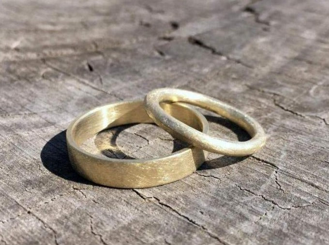 Set of 14K Gold Organic Textured Wedding Bands Hand Made Ancient Style Unpolished 14K Recycled Gold Man and Woman Rings Set