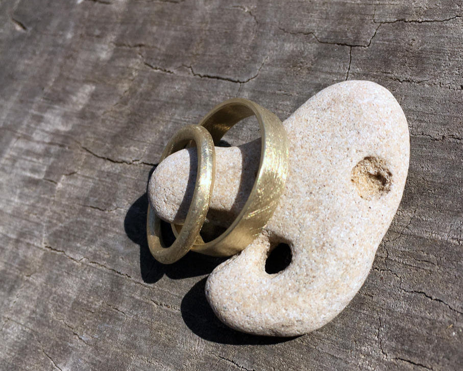 Set of 14K Gold Organic Textured Wedding Bands Hand Made Ancient Style Unpolished 14K Recycled Gold Man & Woman Rings Set