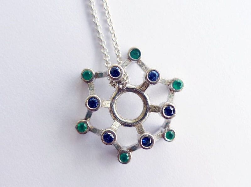 sterling silver 3d wheel shape danish design pendant set with 6 sapphires and 6 green onyxes