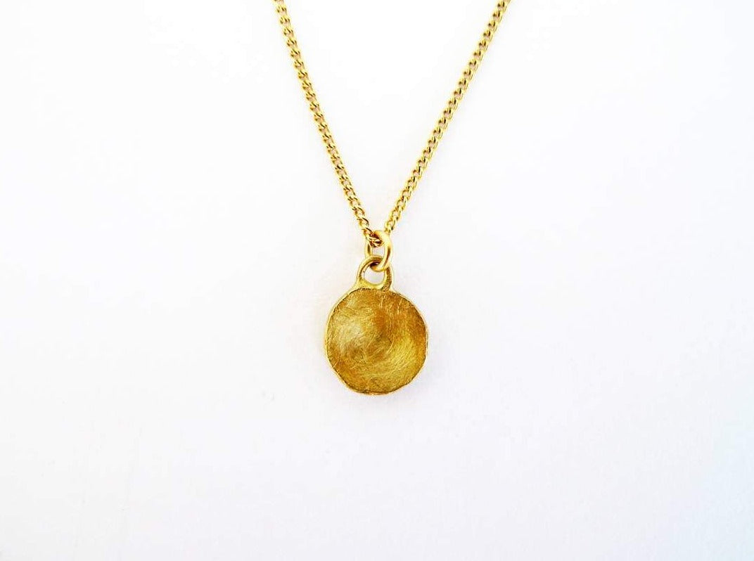 14k yellow gold handmade rustic earthy recycled textured unpolished simple disc coin shape small charm