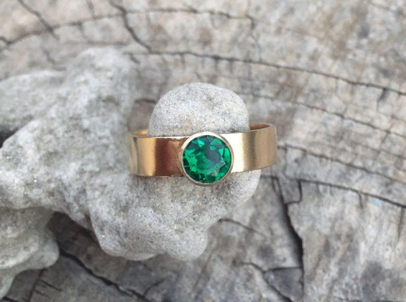 unisex statement Emerald ring recycled 14k gold fine satin finish wedding band. lab grown brilliant cut emerald gemstone.