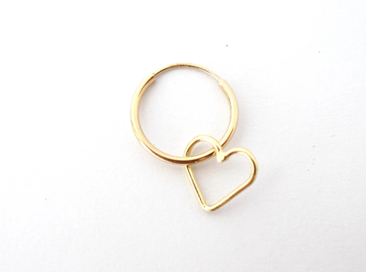solid gold 14k handmade open heart element strung dangle on endless hoop earring