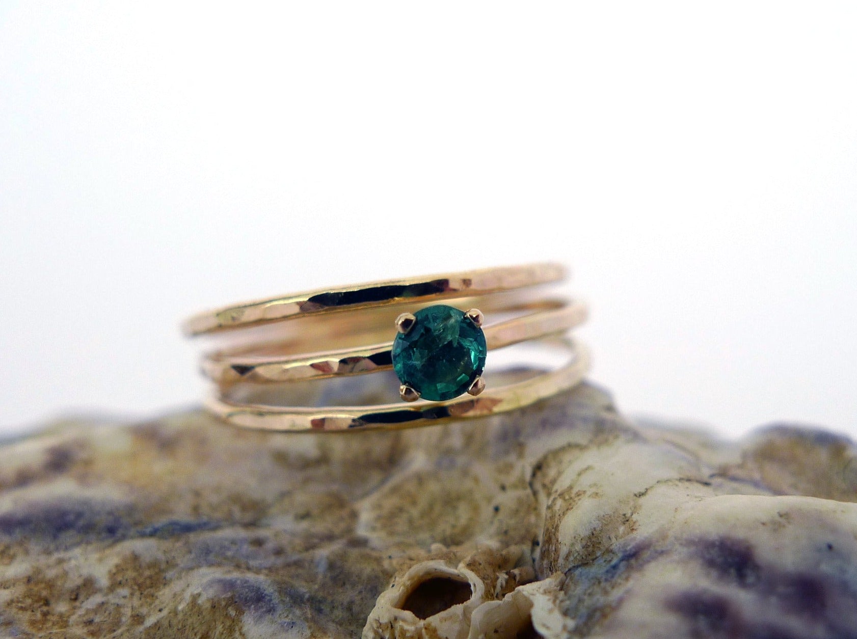 unique 3 pieces stacking thin hammered rings soldered together with solitaire brilliant cut emerald deep green color 14k yellow solid gold split ring