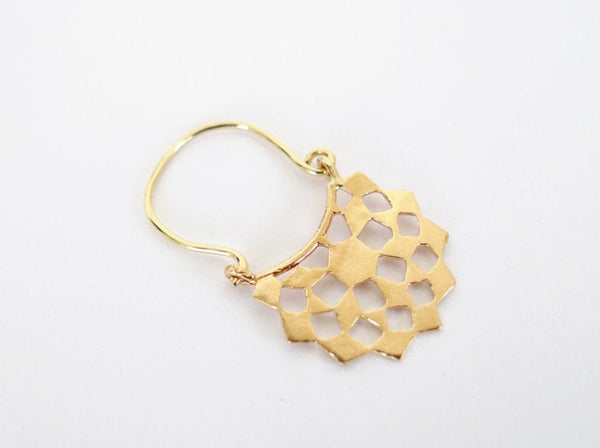 9K 14K 18K gold oriental style boho dangle hoop architectural cutout pattern half moon earrings