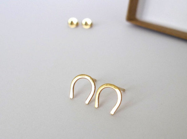 Equestrian horse lovers earrings 14k solid gold horseshoe studs handmade good luck jewelry