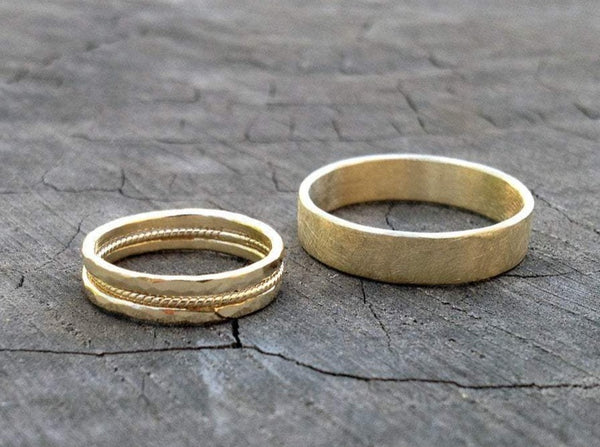 recycled 14K GOLD WEDDING BANDS SET. textured unpolished hammered handmade rings. rough rustic man woman classic