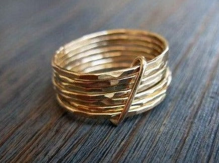 14K YELLOW SOLID GOLD HAMMERED STACKED WITH A LOOP MULTI BANDS RING RECYCLED STATEMENT WIDE CHUNKY GOLD WEDDING OR ANNIVERSARY BAND  
