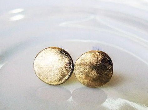 Big round asymmetrical rustic rough solid 14k gold handmade textured scratches uneven round shape large gold stud earrings