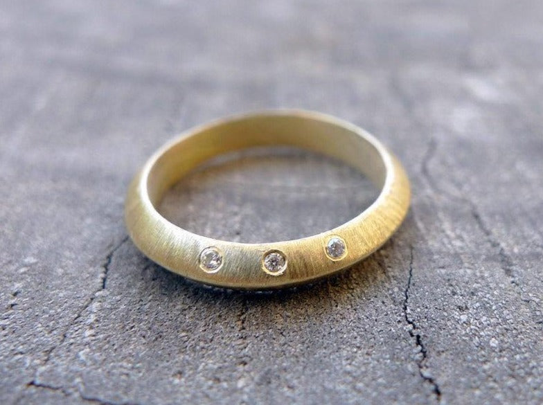 knife edge gold ring textured brushed dainty diamonds ring recycled 14 karat gold handmade triangle profile architecture modern shape alternative engagement ring