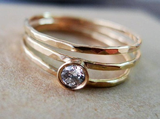 unique artisan 14 k gold ring split hammered dainty recycled gold ring set with colorless brilliant cut diamond bezel. Asymmetric solitaire engagement ring 