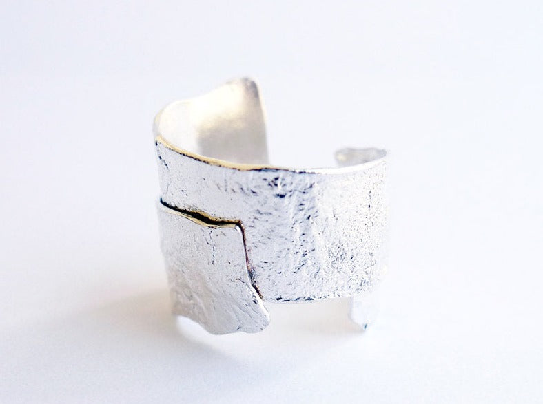 טבעת כסף עטיפות קרח טקסטורה טבעת מתלפפת גדולה סטייטמנט 925 טבעת רחבה סטרלינג עיצוב אורגני