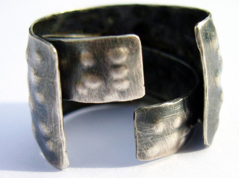 hand hammered sculptural 2 in 1 open adjustable wide black Sterling silver ring