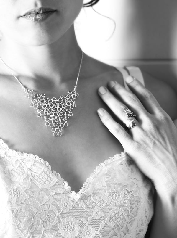 stylish statement large silver neckpiece bubbles chainmaille flowers modern layered necklace handmade