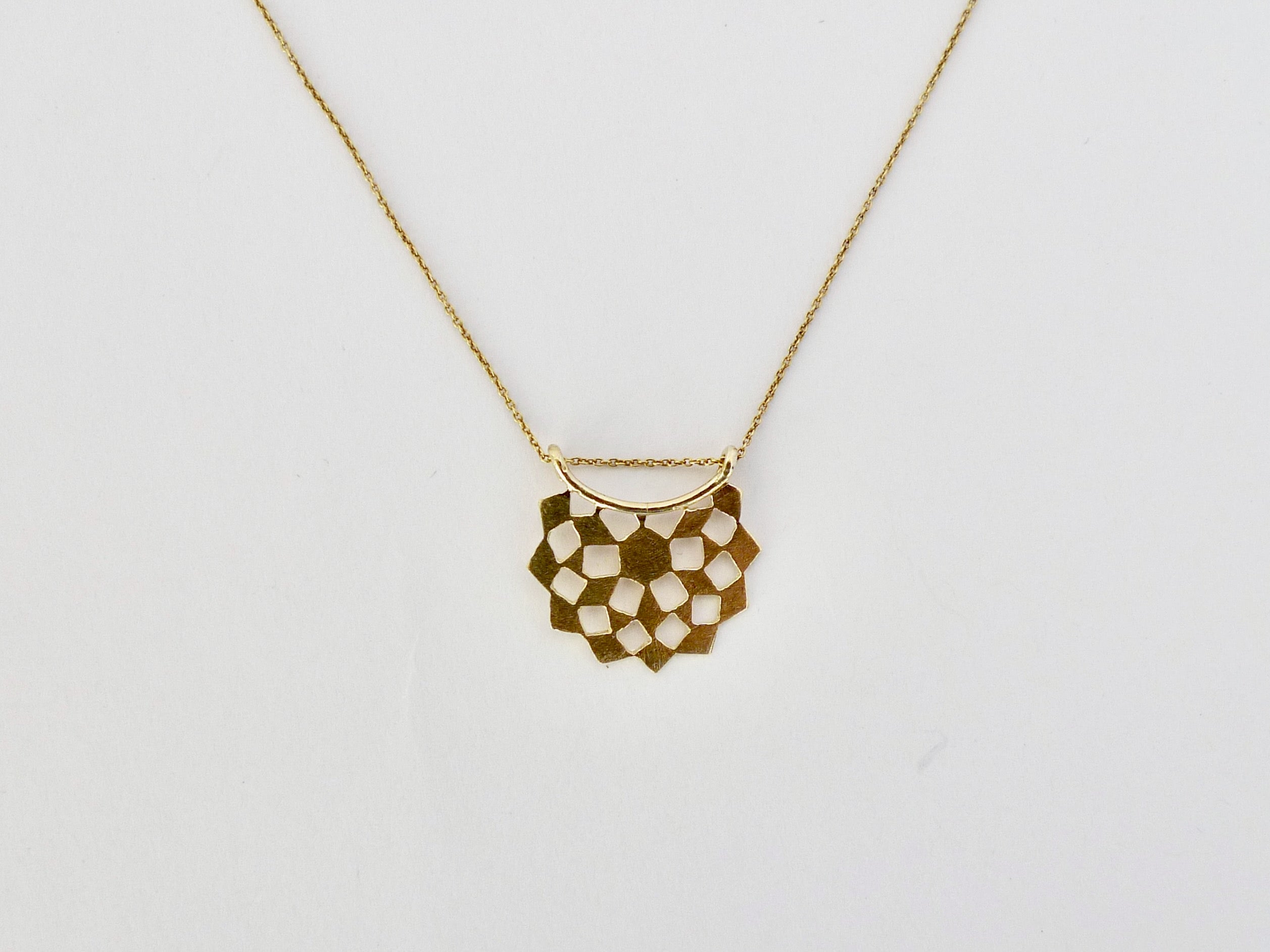 14K Gold necklace with a geometric honeycomb pendant 