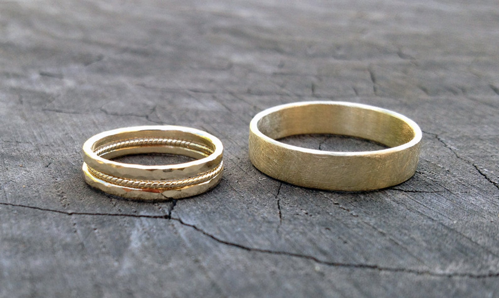 100% recycled hand crafted men and woman gold rings. Alternative wedding bands solid 14k gold. Multi ring set wedding band woman. rustic rough ridged alternative vintage inspired. Roman style ancient inspired unique gold rings.