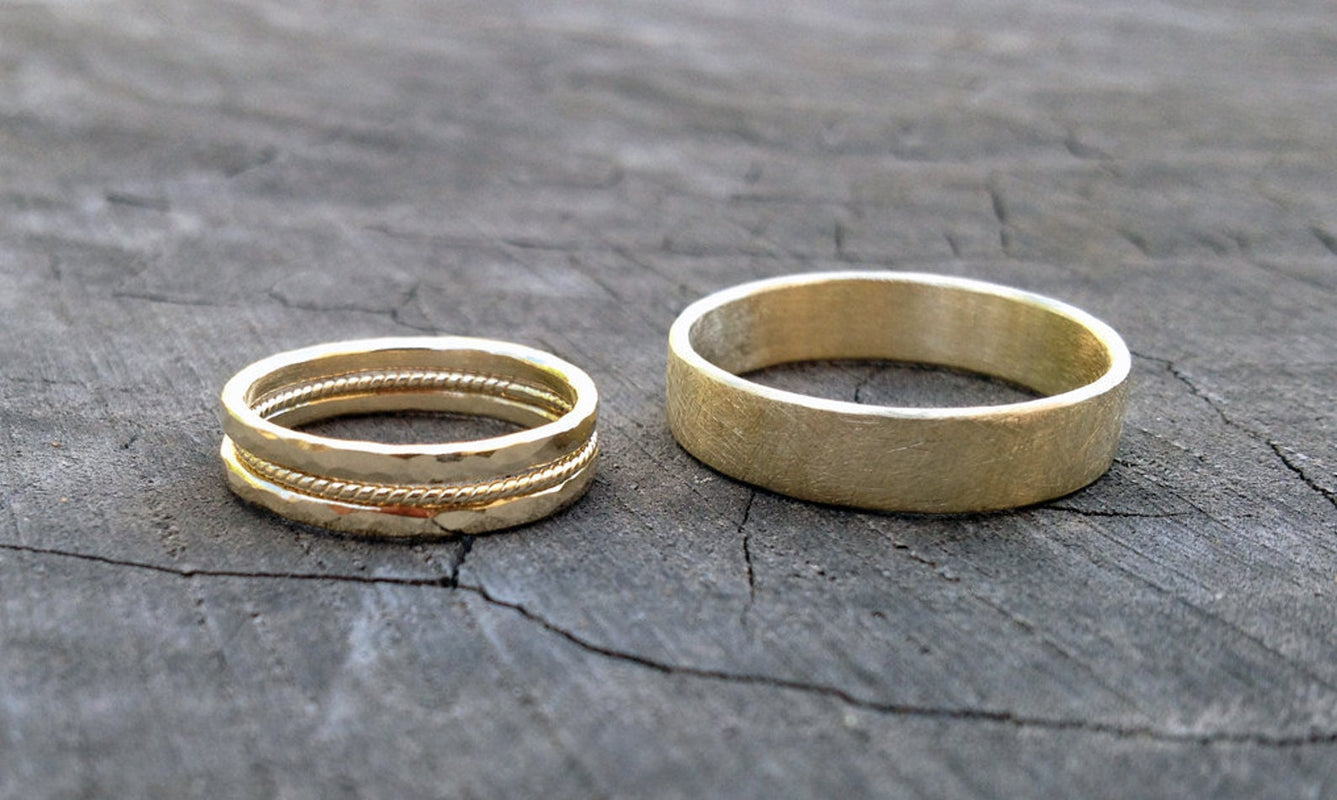 100% recycled hand crafted men and woman gold rings. Alternative wedding bands solid 14k gold. Multi ring set wedding band woman. rustic rough ridged alternative vintage inspired. Roman style ancient inspired unique gold rings.