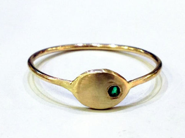 flat ellipse 14k solid gold ring recycled asymmetrical ring set with green Emerald natural fair trade alternative engagement proposal friendship ultra thin dainty band