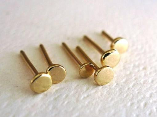 solid gold 14k recycled dots circle round earrings handmade non symmetrical nails head shaped studs shiny finish