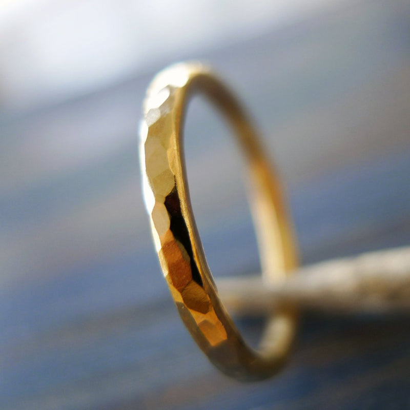 rustic hand hammered timeless dainty unisex wedding proposal ring gender free recycled gold 14k 2cm thick and width