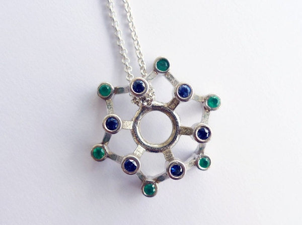 sterling silver 3d wheel shape danish design pendant set with 6 sapphires and 6 green onyxes  