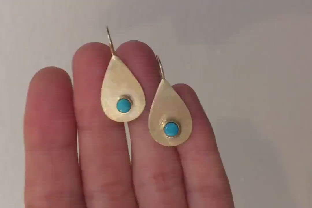 dangle tear shape drop 14K solid gold handmade earrings set with turquoise gems