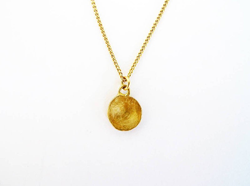 small gold disc charm pendant 14k yellow gold recycled scratch texture coin plate