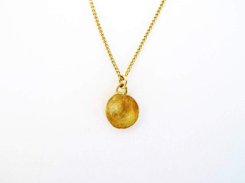14k yellow gold handmade rustic earthy recycled textured unpolished simple disc coin shape small charm