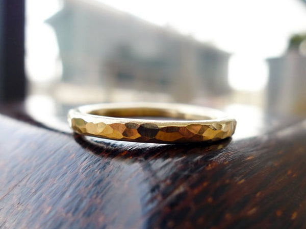 affordable 9k yellow solid gold handmade rustic hammered textured big bold timeless gold ring unisex style men jewelry