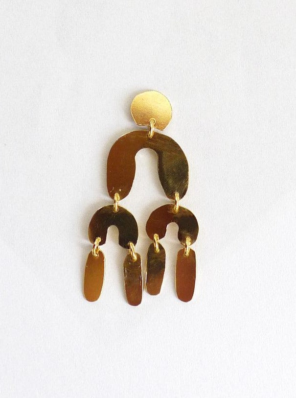solid gold 14 karat recycled dangle mobile chandelier dynamic gold earring. unique hand cut and shaped sixties style modern movement earrings