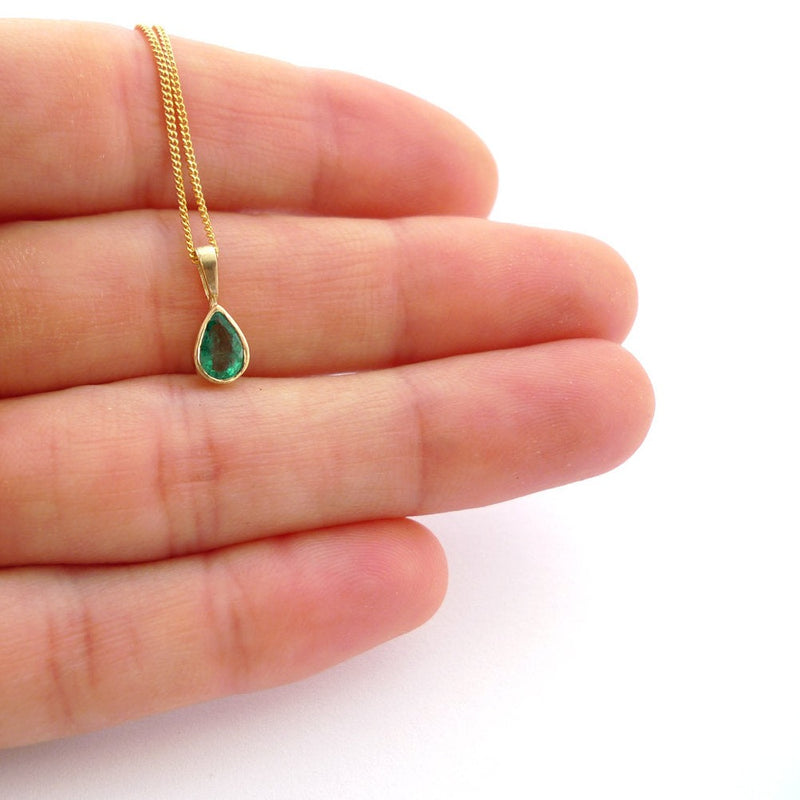 natural Emerald 14k gold necklace tear drop pear shape simple timeless green gold pendant handmade recycled