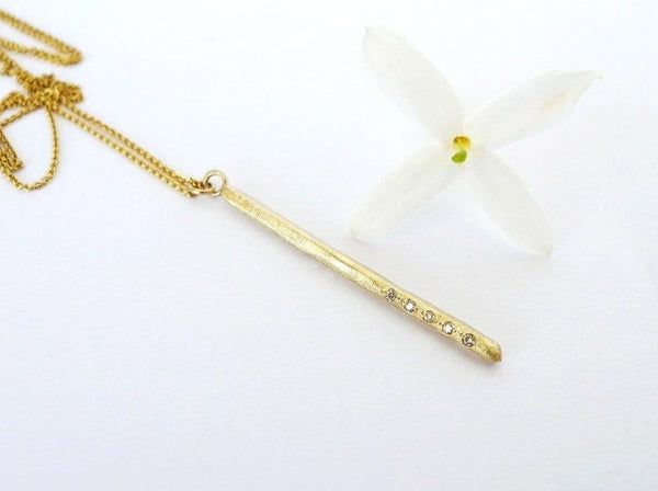 rustic long pendant bar and diamonds gold necklace charm