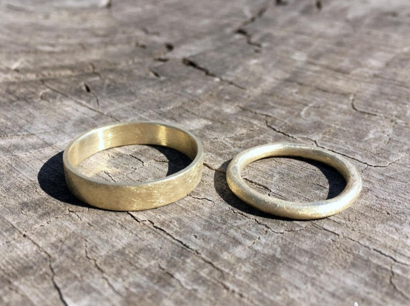 Set of 14K Gold Organic Textured Wedding Bands Hand Made Ancient Style Unpolished 14K Recycled Gold Man and Woman Rings Set