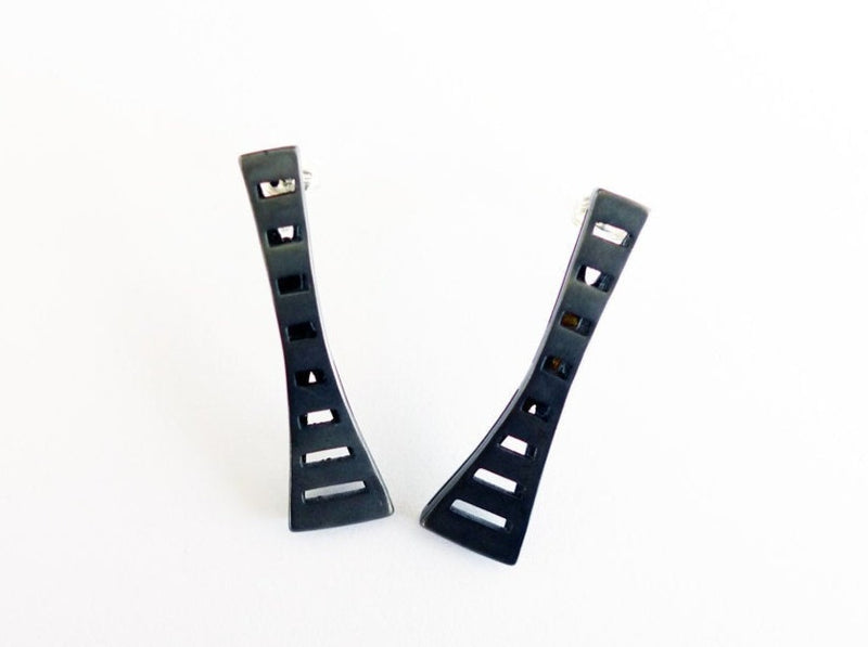 handmade contemporary sterling silver earrings unique modern shape inspired by jacobs ladder biblical story alternative smart stylish thin light long black studs