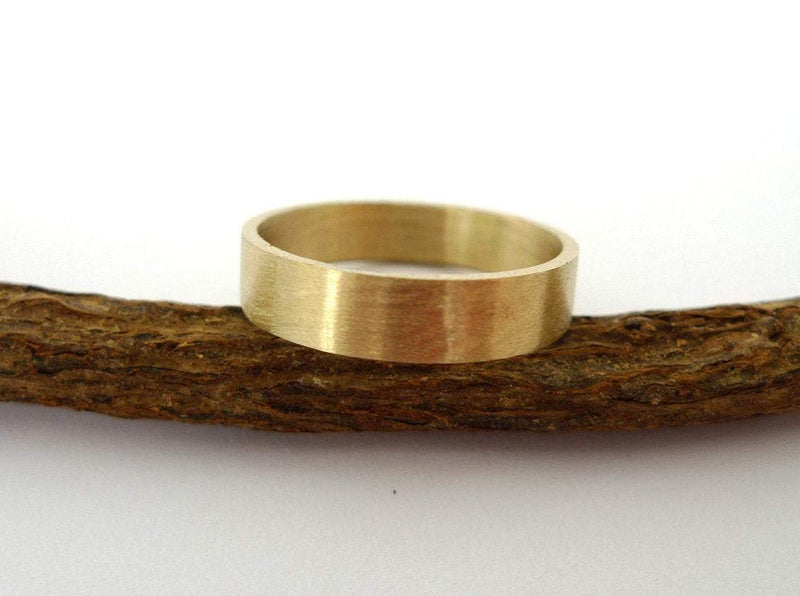14 karat recycled gold handmade simple satin finish man or unisex band. 5mm 6mm fine straight flat comfort fit mens wedding or proposal ring